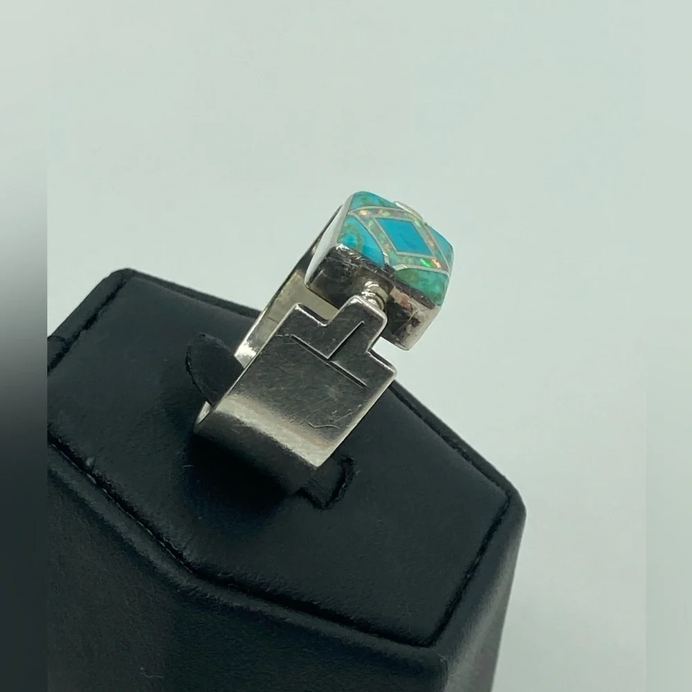 Vtg Navajo Sterling Turquoise & Opal Wide Modernist Style Ring Sz 7.5 Ann Curley - Picture 8 of 13